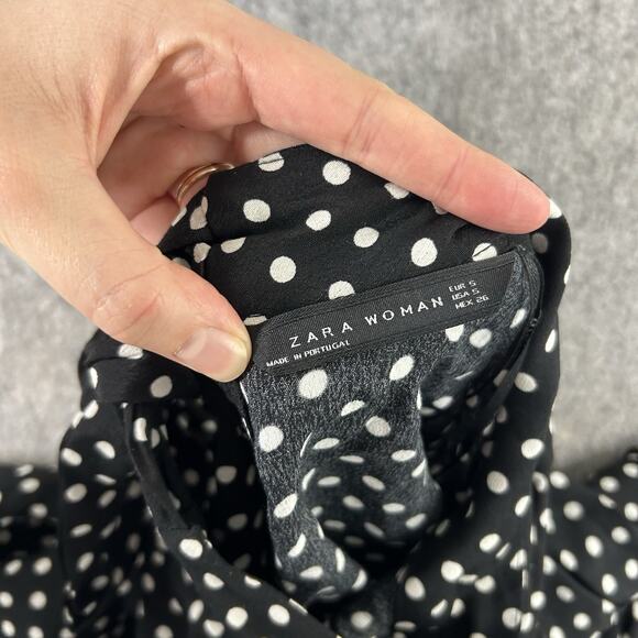Zara Top Womens Small Black Polka Dot Tie Back Chiffon Lightweight Blouse - Picture 9 of 9